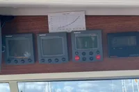 Control panel of a 1999 Nimbus 380 Carisma boat with Raytheon displays.