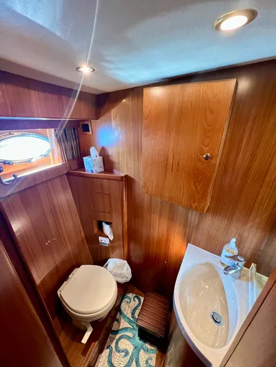  Yacht Photos Pics 2008 Island Pilot 435 yacht bathroom with wood paneling, toilet, sink, and decorative rug.