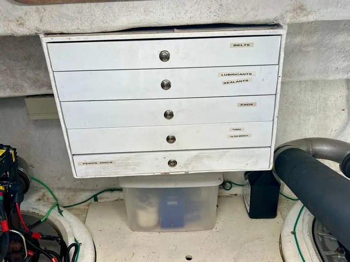  Yacht Photos Pics Storage drawers in a 2008 Island Pilot 435 boat engine room.