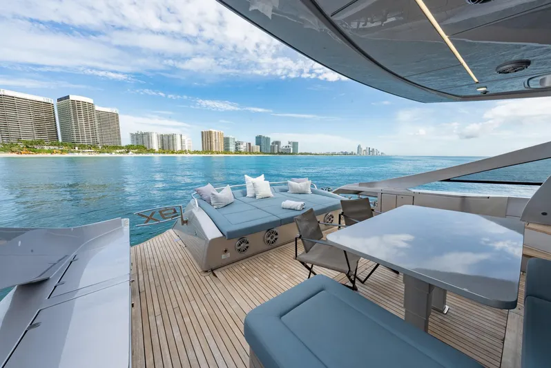 Vintage Yacht Photos Pics Luxurious 2021 Pershing 9X yacht deck with ocean view and city skyline.