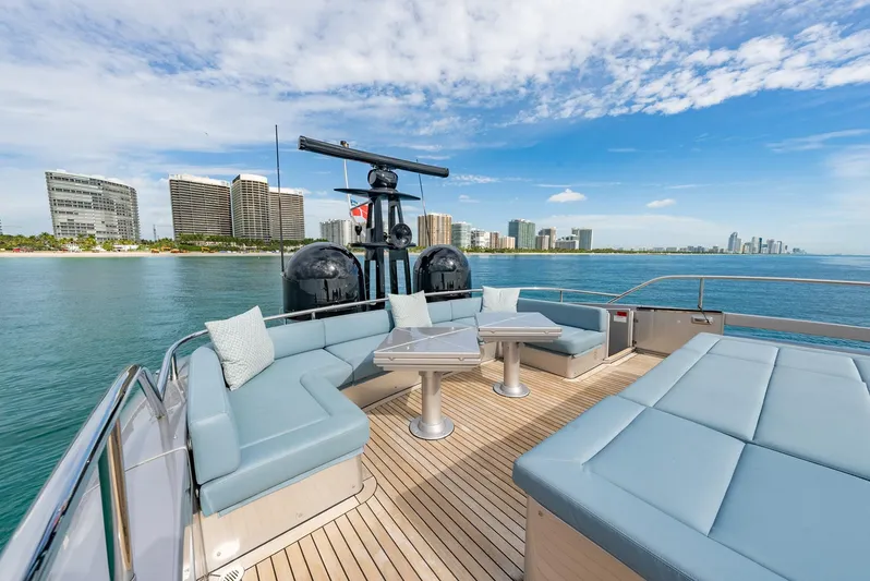 Vintage Yacht Photos Pics Luxurious 2021 Pershing 9X yacht deck with city skyline and ocean view.