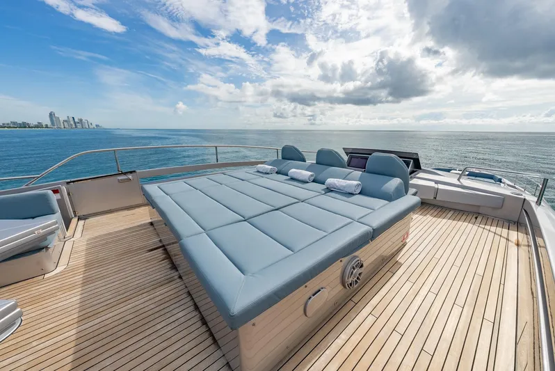 Vintage Yacht Photos Pics Luxurious 2021 Pershing 9X yacht deck with sunbeds, ocean view, and city skyline.