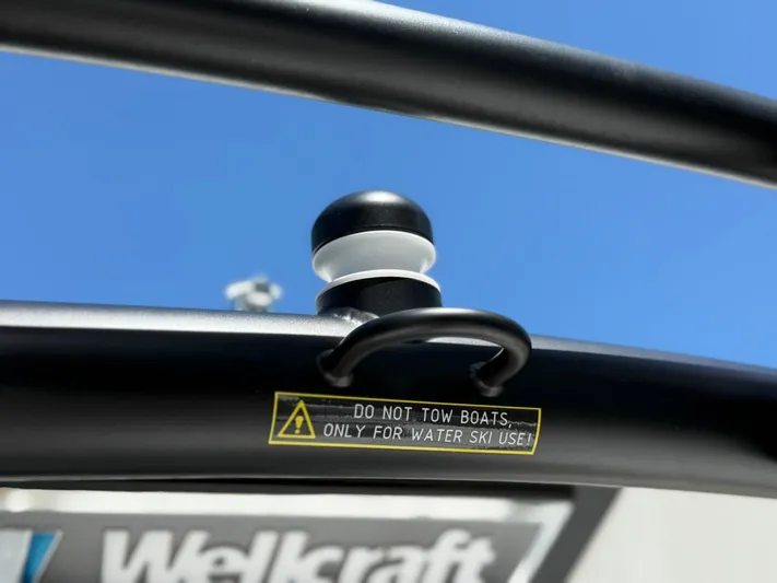  Yacht Photos Pics 2025 Wellcraft 38 T-Top warning label, "Do not tow boats, only for water ski use."