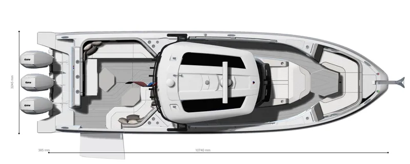  Yacht Photos Pics Top view of 2025 Wellcraft 38 T-Top boat with triple engines and spacious deck layout.