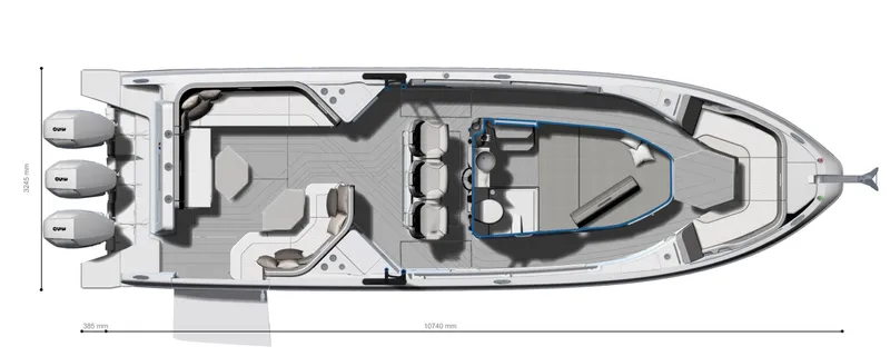  Yacht Photos Pics Top view of 2025 Wellcraft 38 T-Top boat layout with triple engines.