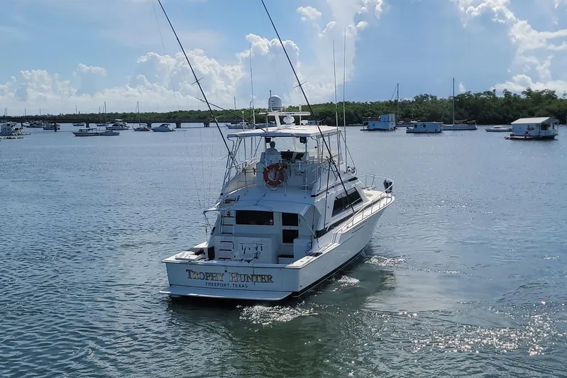 Trophy Hunter Yacht Photos Pics 1989 Bertram 50 Convertible yacht on calm waters, surrounded by other boats.