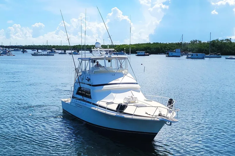 Trophy Hunter Yacht Photos Pics 1989 Bertram 50 Convertible yacht cruising on a sunny day.
