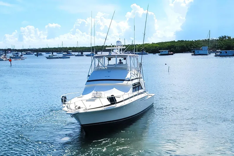Trophy Hunter Yacht Photos Pics 1989 Bertram 50 Convertible yacht cruising in a serene marina setting.