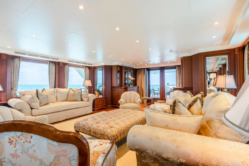Shadowl Yacht Photos Pics Luxurious yacht interior with elegant sofas, large windows, and ocean view, Burger Custom 2010.