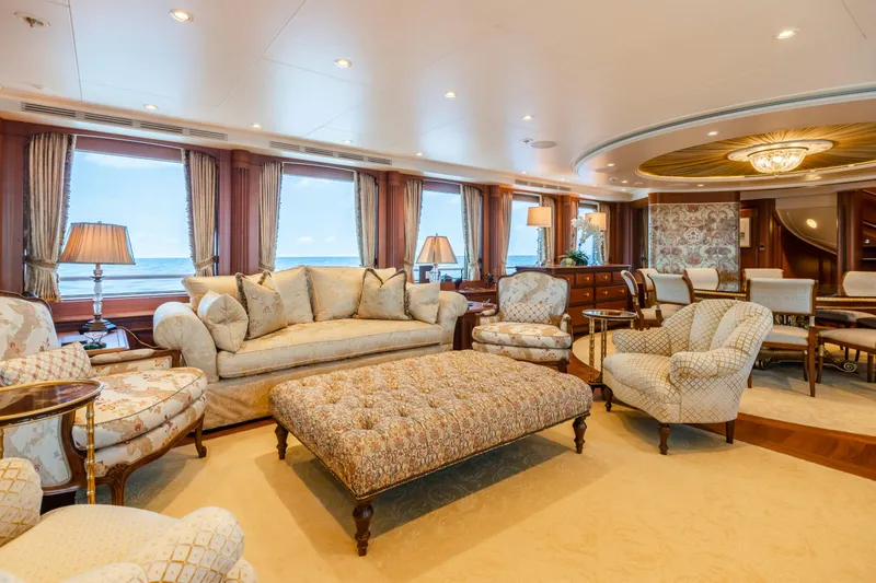 Shadowl Yacht Photos Pics Luxurious yacht interior with elegant seating, large windows, and ocean view, Burger Custom 2010.