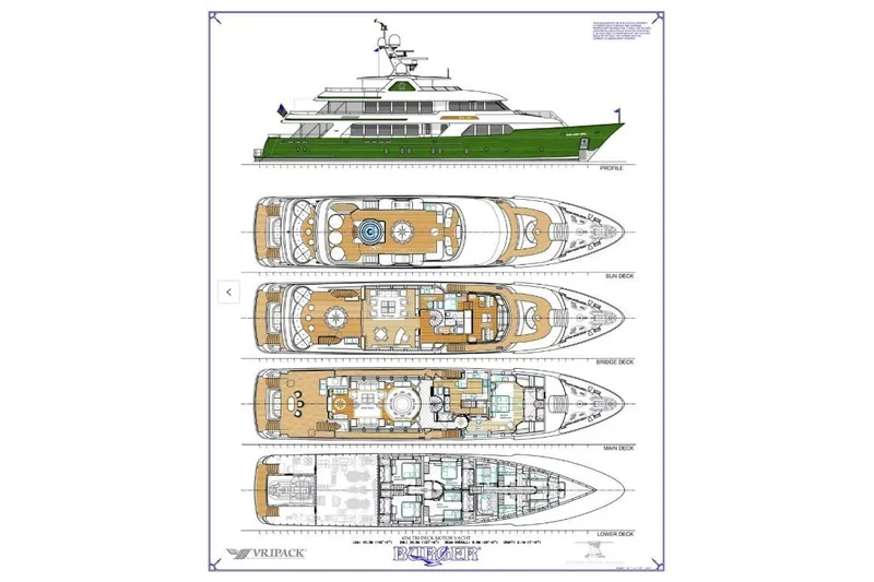 Shadowl Yacht Photos Pics Blueprint of a 2010 custom Burger yacht with detailed deck layouts.