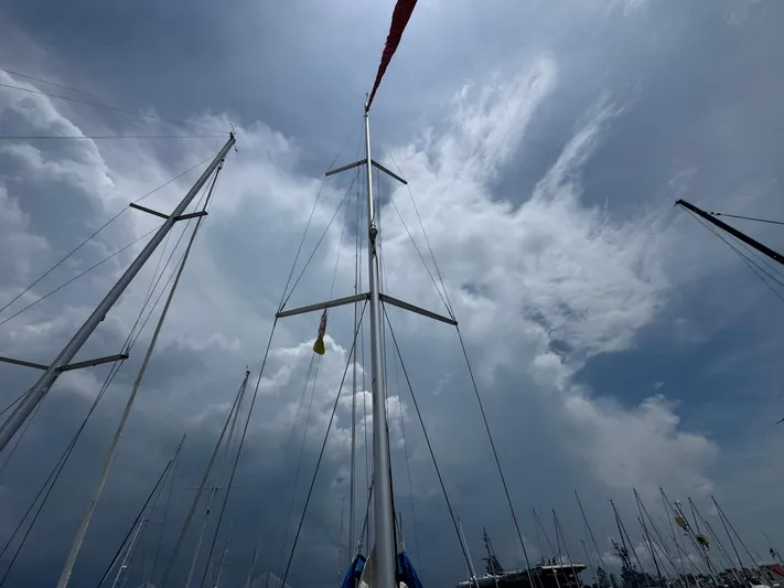 Layover Yacht Photos Pics Masts of Jeanneau Sun Odyssey 389 sailboat against a cloudy sky, 2018 model.