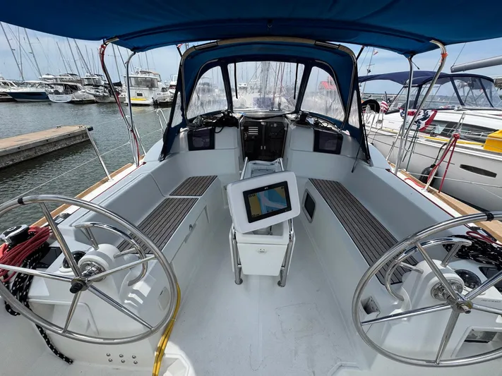 Layover Yacht Photos Pics Cockpit of 2018 Jeanneau Sun Odyssey 389 sailboat with dual steering wheels.