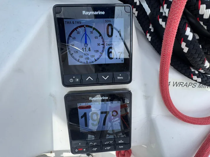 Layover Yacht Photos Pics Raymarine instruments on Jeanneau Sun Odyssey 389, 2018, displaying wind speed and direction.
