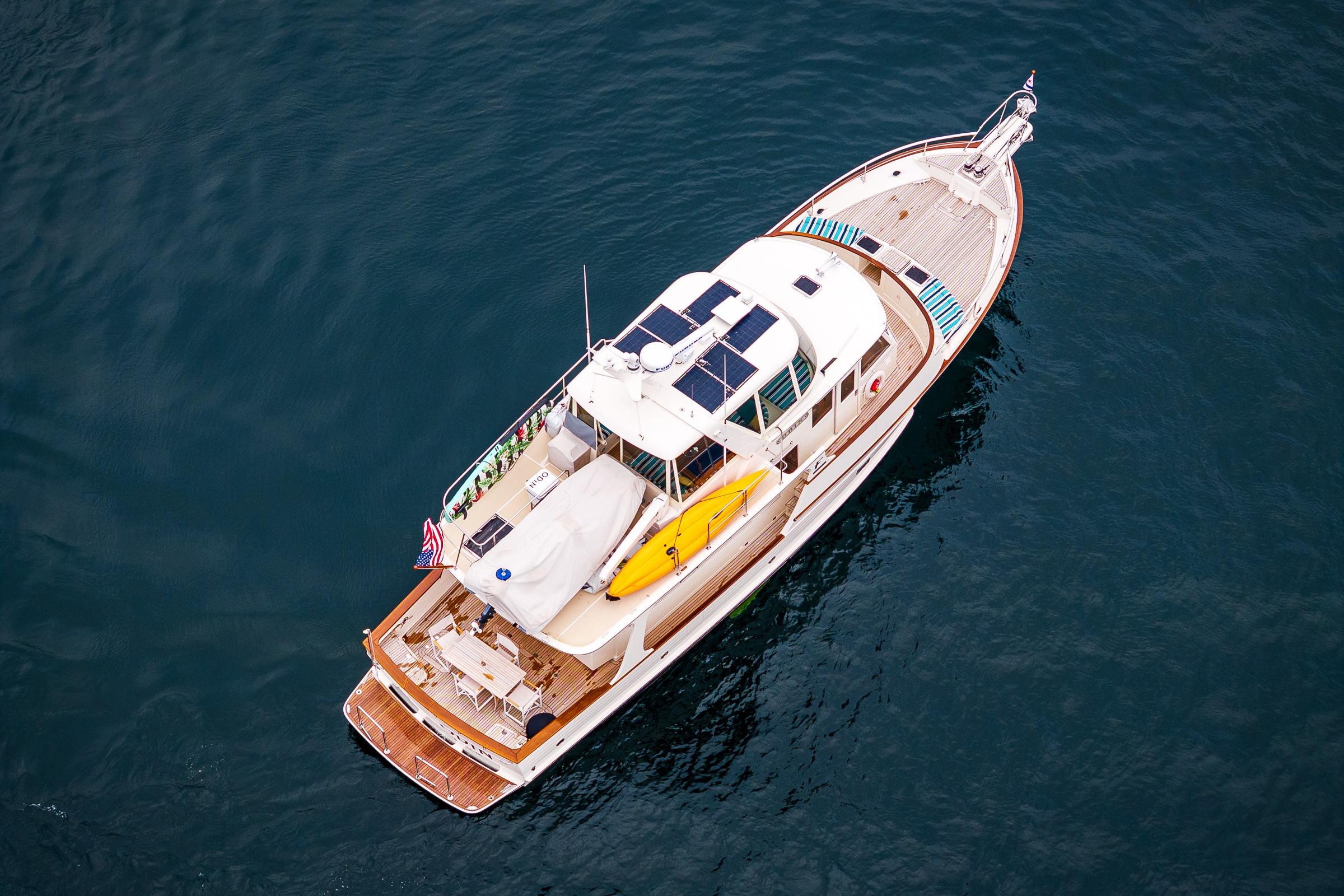 Aerial view of 2026 Fleming 55 Pilothouse yacht on open water.