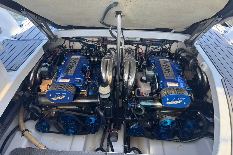  Yacht Photos Pics Engine compartment of a 2006 Formula 400 Super Sport boat with twin Mercury engines.