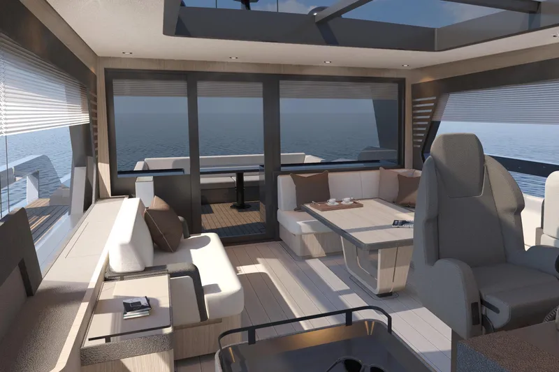  Yacht Photos Pics Luxurious interior of 2026 Glacier 68 yacht with ocean view and modern seating.