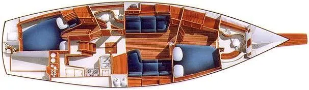 TinteÁn Yacht Photos Pics Floor plan of a 2000 Island Packet 40 sailboat, featuring cabins and living areas.