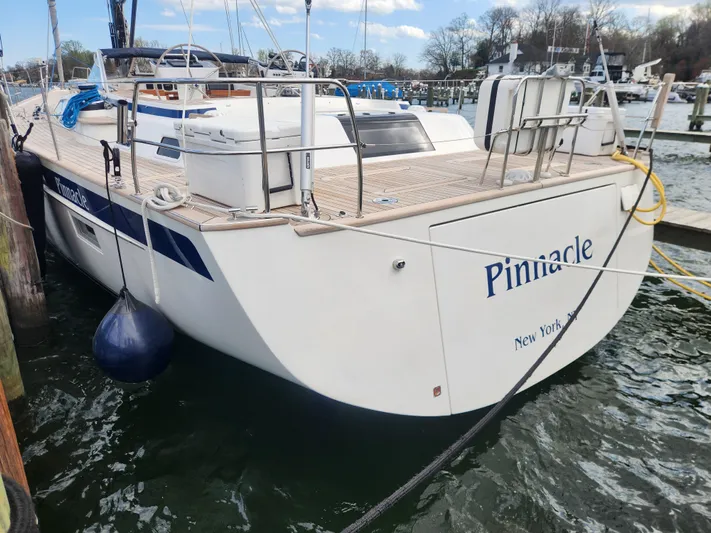 Pinnacle Yacht Photos Pics 2023 Hallberg-Rassy 57 yacht "Pinnacle" docked in New York marina.