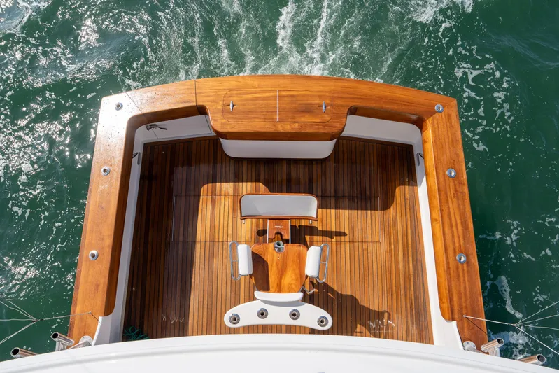 Let's Ride Yacht Photos Pics Aerial view of 2004 Sculley Custom Carolina 58' Sportfish deck with wooden finish.