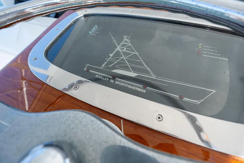 Let's Ride Yacht Photos Pics Control panel of 2004 Sculley Custom Carolina 58' Sportfish boat.