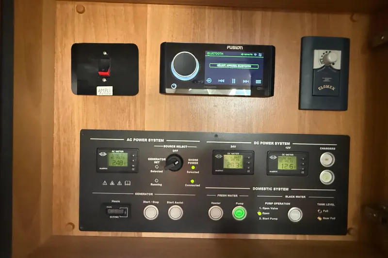 Helios Yacht Photos Pics Control panel of a 2010 Sunseeker Predator 60 yacht with audio and power systems.