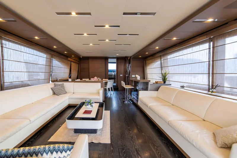  Yacht Photos Pics Luxurious interior of 2016 Ferretti Yachts 870 with elegant seating and modern decor.