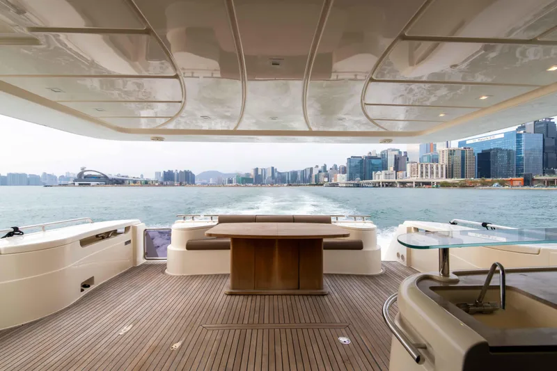  Yacht Photos Pics Luxurious 2016 Ferretti Yachts 870 cruising with city skyline view.