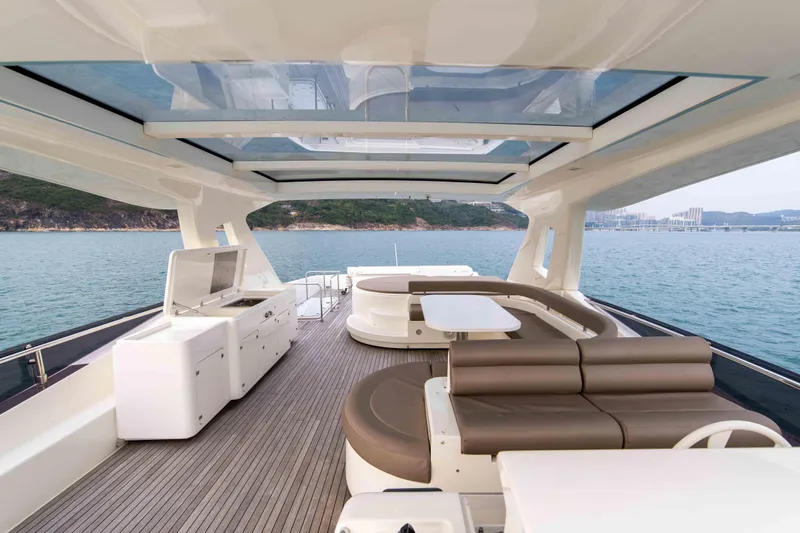  Yacht Photos Pics Luxurious 2016 Ferretti Yachts 870 with spacious deck and modern seating.