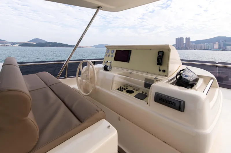  Yacht Photos Pics Flybridge of 2016 Ferretti Yachts 870 with helm station and panoramic sea view.