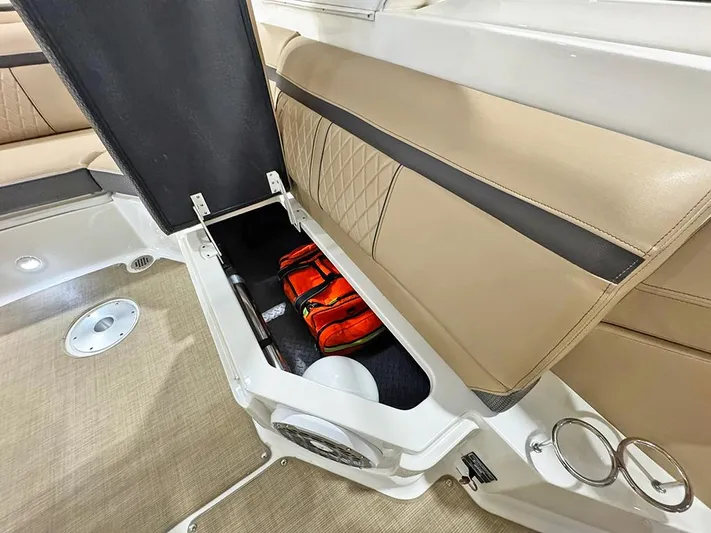  Yacht Photos Pics 2017 Sea Ray SLX 310 boat interior storage compartment with beige seating and safety equipment.