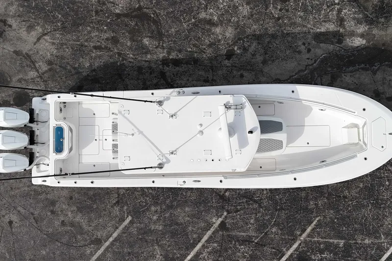  Yacht Photos Pics Overhead view of 2025 Invincible 36 Open Fisherman boat with triple engines.