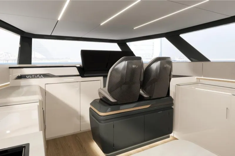 Ultima 55 Eco Yacht Photos Pics Luxurious interior of 2025 Sunreef 55 ULTIMA yacht with modern seating and sleek design.