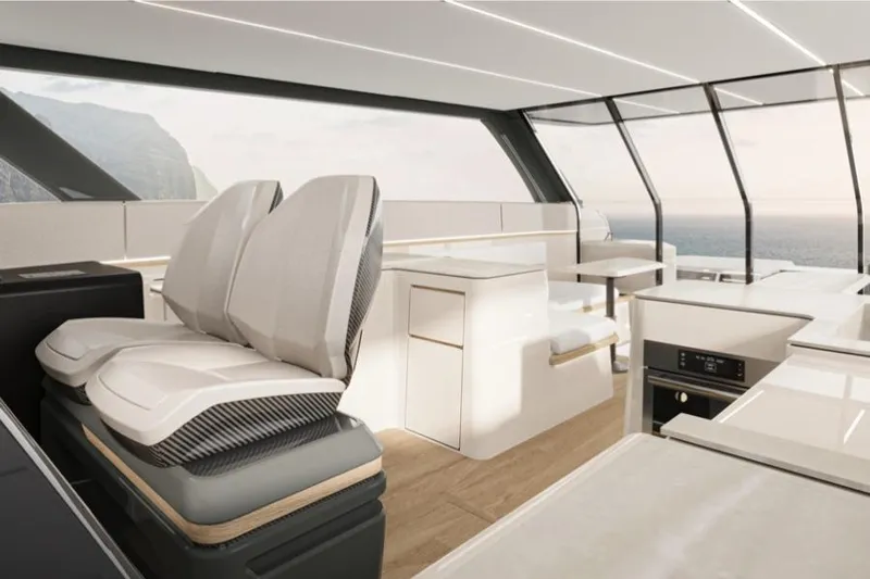 Ultima 55 Eco Yacht Photos Pics Luxurious interior of 2025 Sunreef 55 ULTIMA yacht with modern seating and panoramic windows.