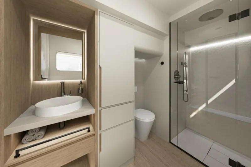 Ultima 55 Eco Yacht Photos Pics Luxurious bathroom interior of 2025 Sunreef 55 ULTIMA yacht with modern fixtures and elegant design.