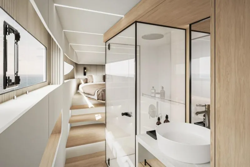 Ultima 55 Eco Yacht Photos Pics Luxurious interior of 2025 Sunreef 55 ULTIMA yacht with modern bathroom and bedroom.