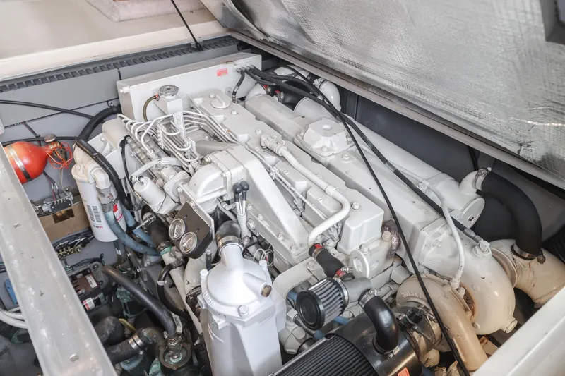 Waterfront Property Yacht Photos Pics Engine compartment of a 2000 Sea Ray 400 Sedan Bridge yacht.