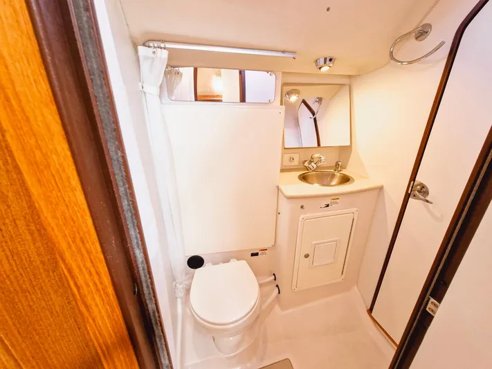  Yacht Photos Pics 2011 Catalina 445 yacht bathroom with sink, toilet, and mirror.