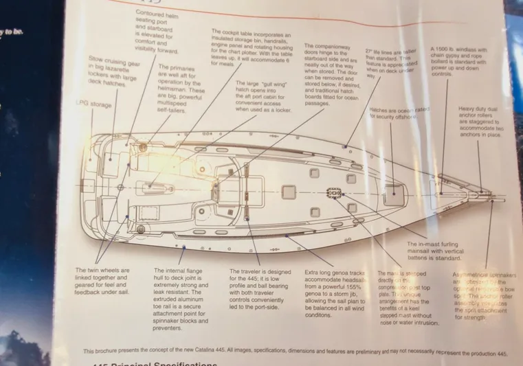  Yacht Photos Pics Diagram of a 2011 Catalina 445 sailboat with detailed annotations and specifications.
