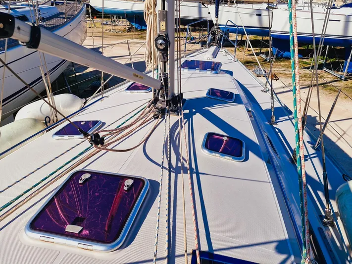  Yacht Photos Pics Sailboat deck of 2011 Catalina 445 with multiple hatches and rigging.