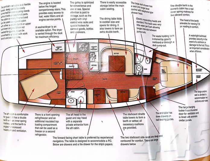  Yacht Photos Pics 2011 Catalina 445 yacht interior layout with labeled features and amenities.
