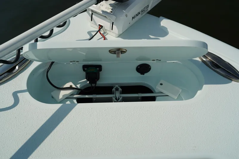  Yacht Photos Pics Open hatch on 2020 Yellowfin 26 Hybrid boat, showing internal wiring and components.