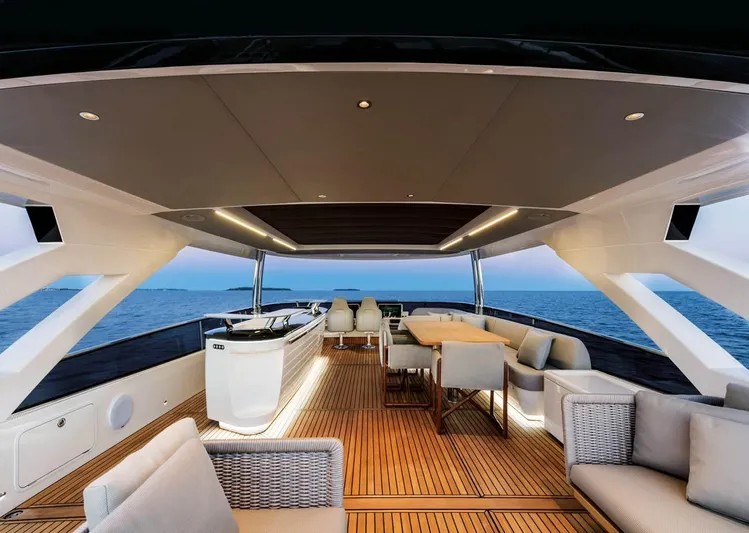  Yacht Photos Pics Luxurious 2019 Absolute Navetta 73 yacht deck with elegant seating and ocean view.