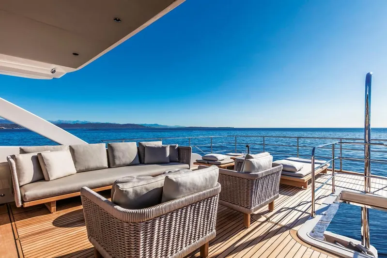  Yacht Photos Pics Luxurious deck of 2019 Absolute Navetta 73 yacht with ocean view and comfortable seating.
