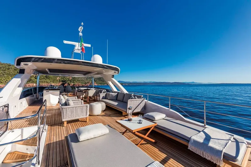  Yacht Photos Pics Luxurious 2019 Absolute Navetta 73 yacht deck with elegant seating and ocean view.