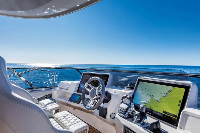  Yacht Photos Pics Cockpit view of 2019 Absolute Navetta 73 yacht with ocean horizon and navigation screens.