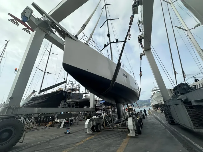 Juul Yacht Photos Pics 2019 CNB 66 yacht in dry dock, undergoing maintenance.