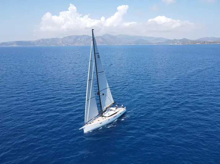 Juul Yacht Photos Pics Sailing yacht CNB 66 (2019) on open sea with mountainous coastline in background.