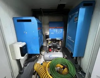 Insta Gator Yacht Photos Pics Electrical equipment in a 2017 Royal Cape Catamarans Majestic 53, featuring blue power units.