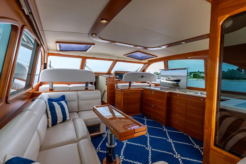 Zephyr Yacht Photos Pics Luxurious interior of 2018 Palm Beach Motor Yachts PB55 with elegant wood finishes and plush seating.